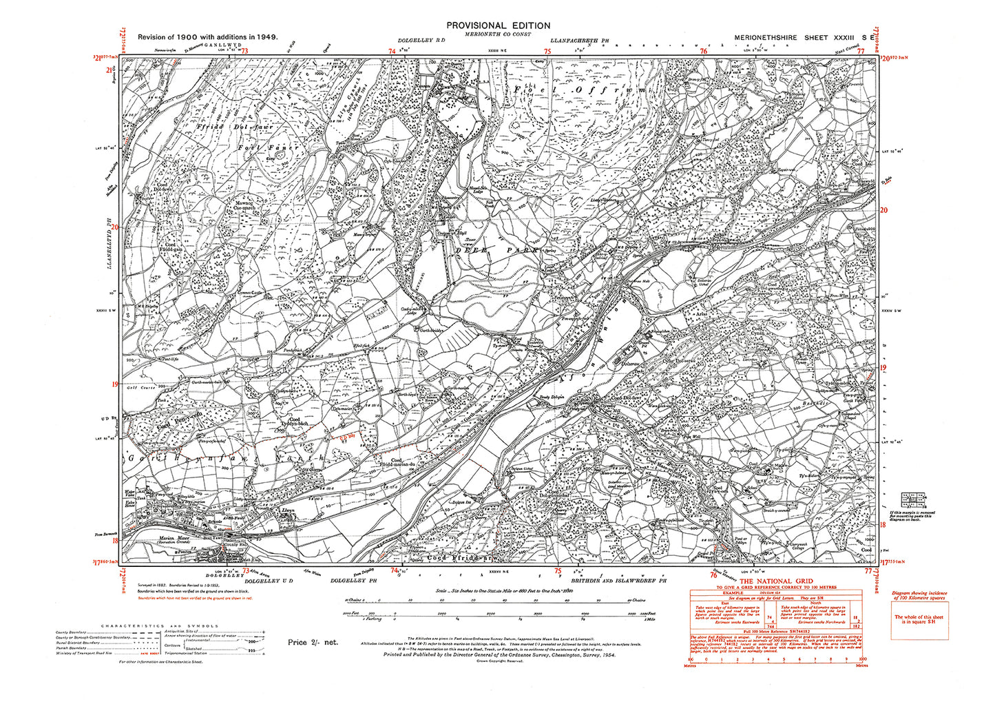 Dolgelley north, old map Merionith 1949: 33SE