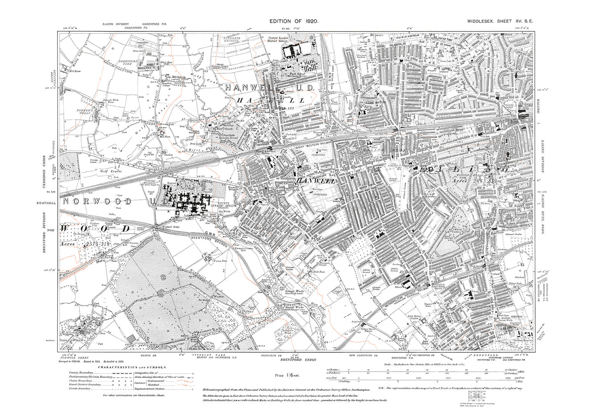 Hanwell Postcode Map Hanwell with parts of Brentford & Ealing, Middlesex in 1920 : 15SE ...