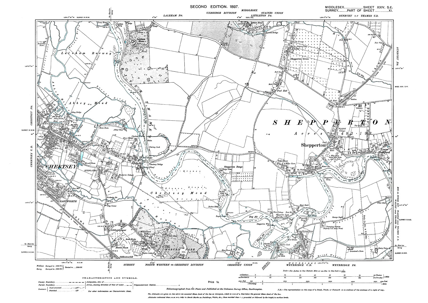 Shepperton Train Map Chertsey (east), Shepperton, Wybridge (north), Middlesex in 1899 : 24S ...