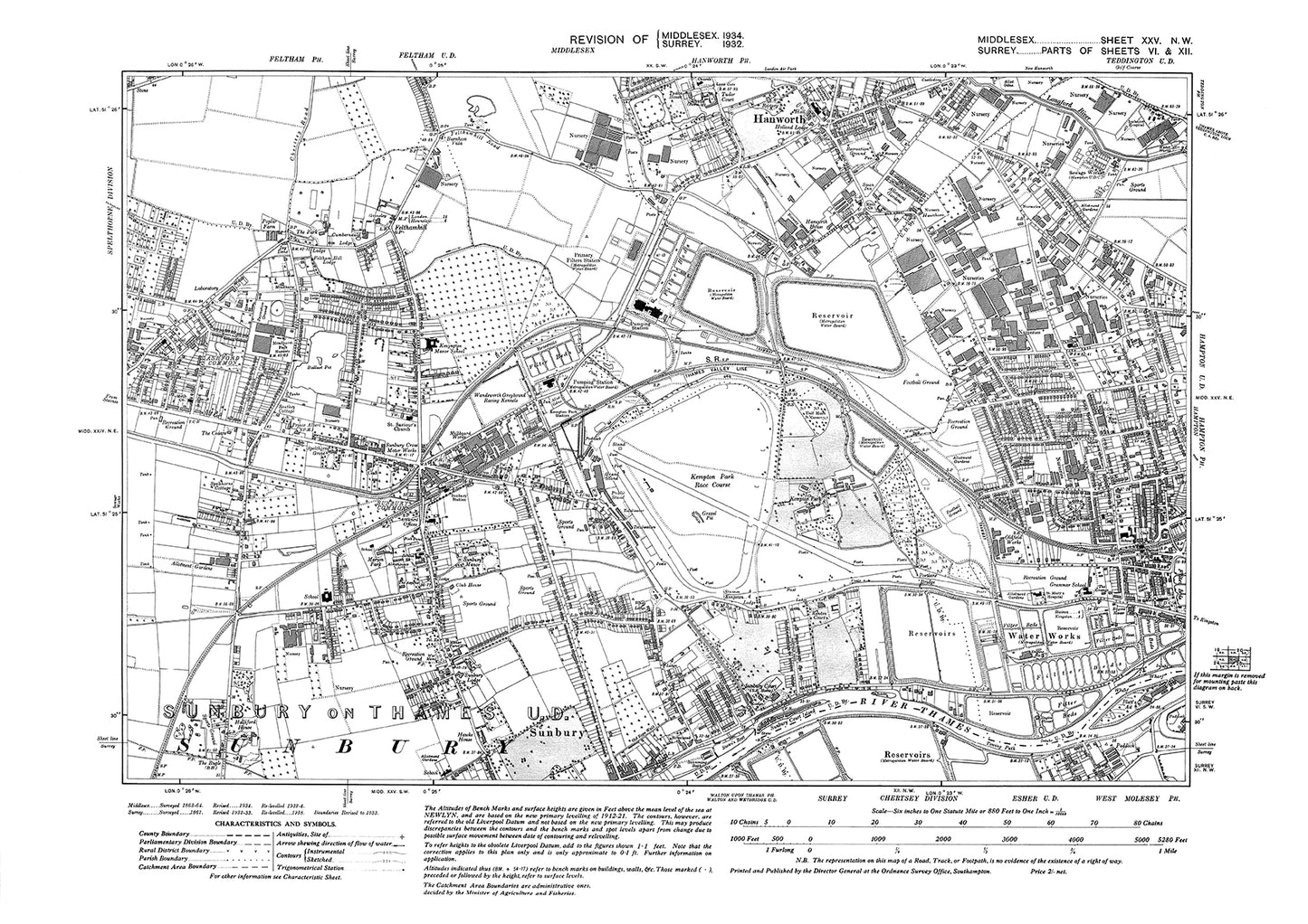 Sunbury Common, Hanworth, Felthamhill, Hampton (west), Kempton Park, Marling Park, Middlesex in 1934 : 25NW