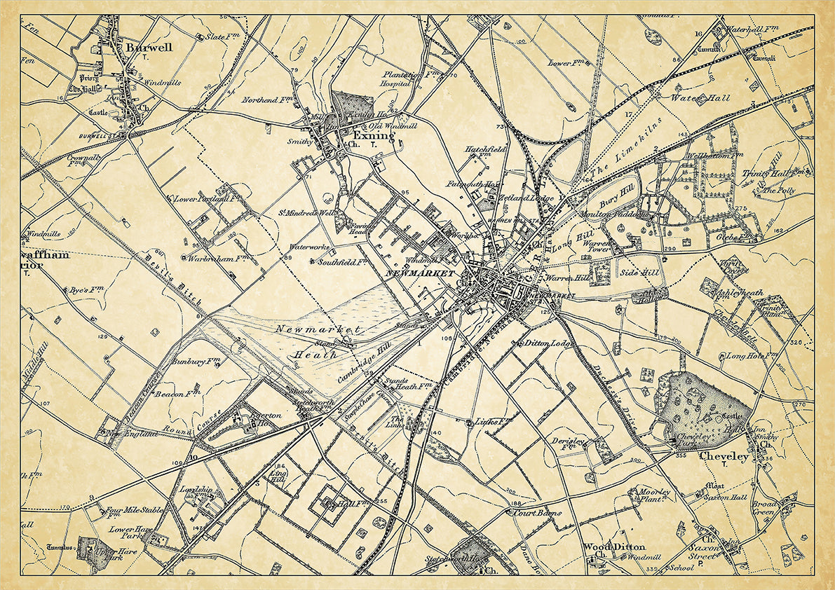 Newmarket in 1898, showing the town and the surrounding area