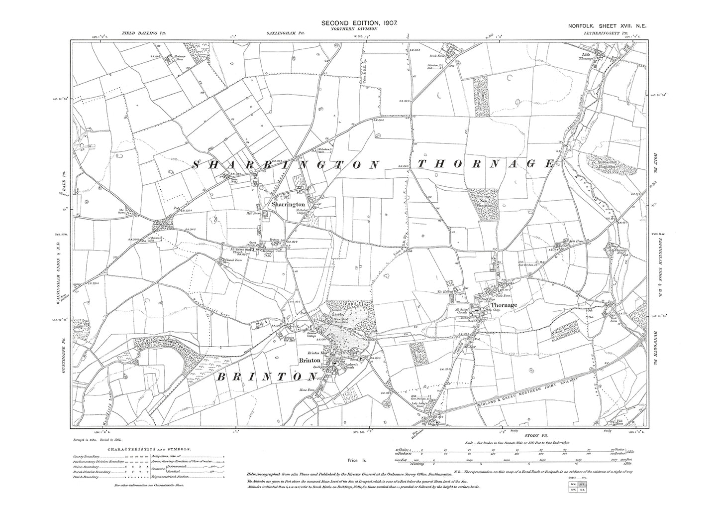 Sharrington, Brinton, Thornage, Norfolk in 1907: 17NE