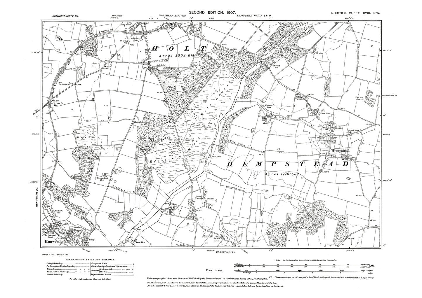 Hempstead, Holt, Hunworth, Norfolk in 1907: 18NW