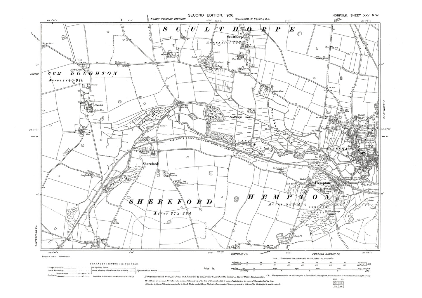 Fakenham, Hempton, Sculthorpe, Shereford, Norfolk in 1906: 25NW