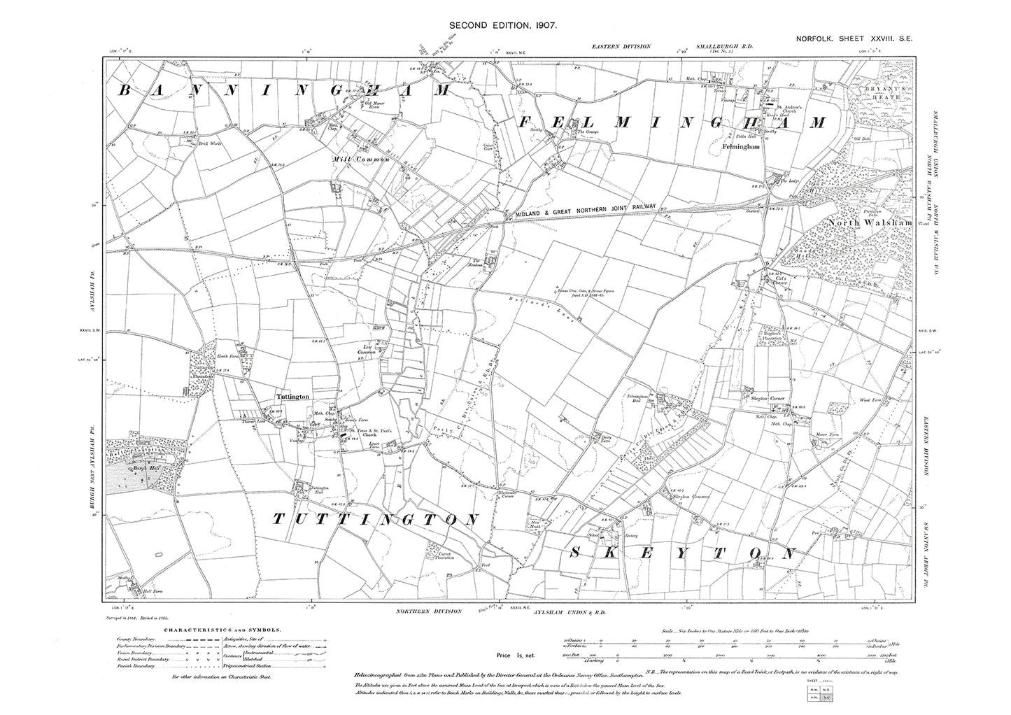 Tuttington, Felmingham, Mill Common, Norfolk in 1907: 28SE