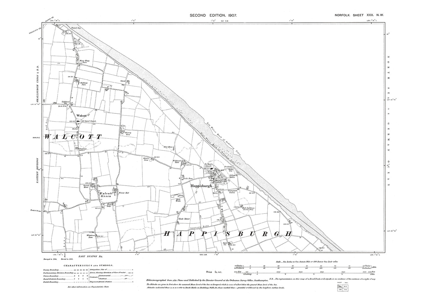 Happisburgh, Walcott, Norfolk in 1907: 30NW