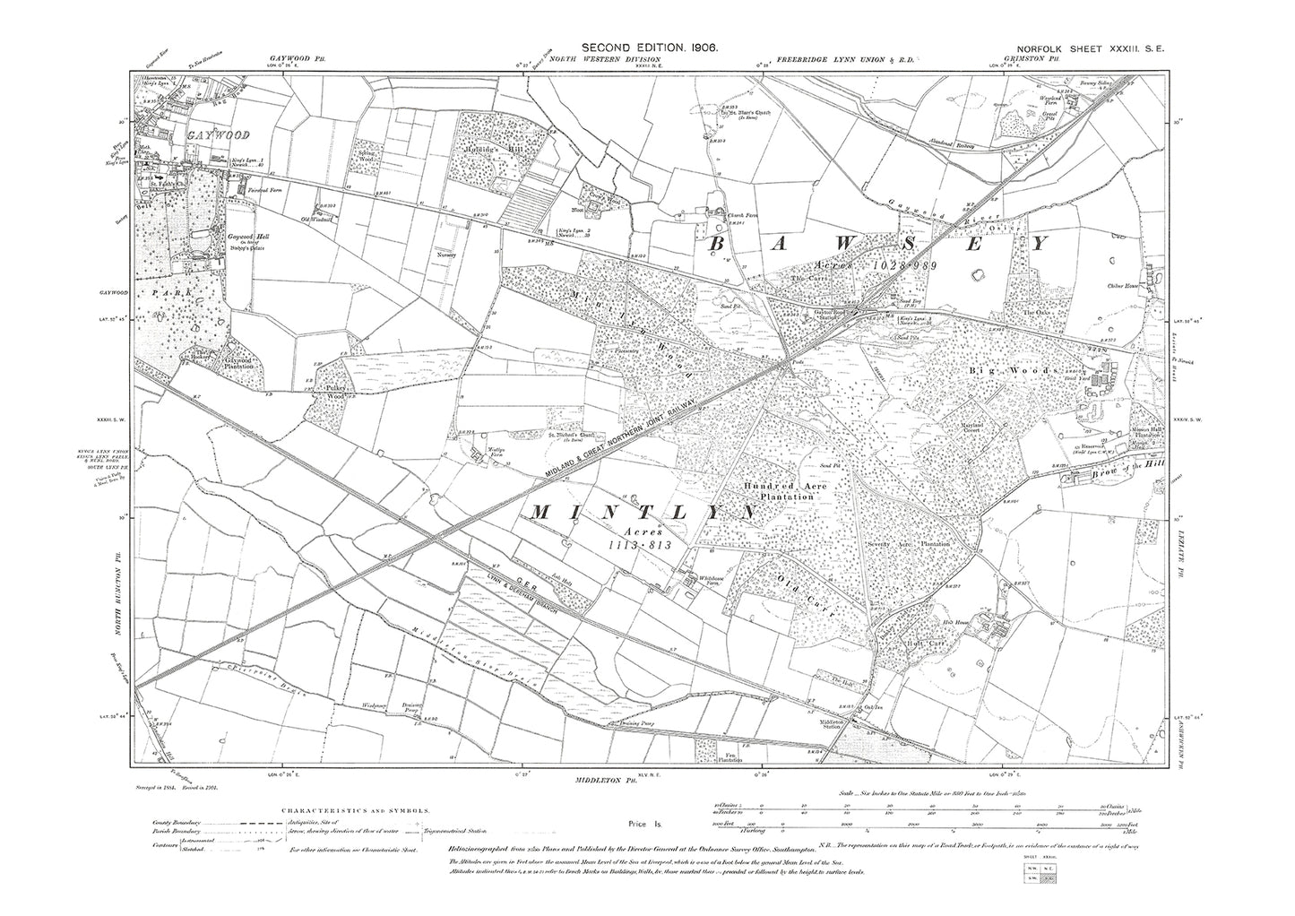 Gaywood, Bawsey, Norfolk in 1906: 33SE