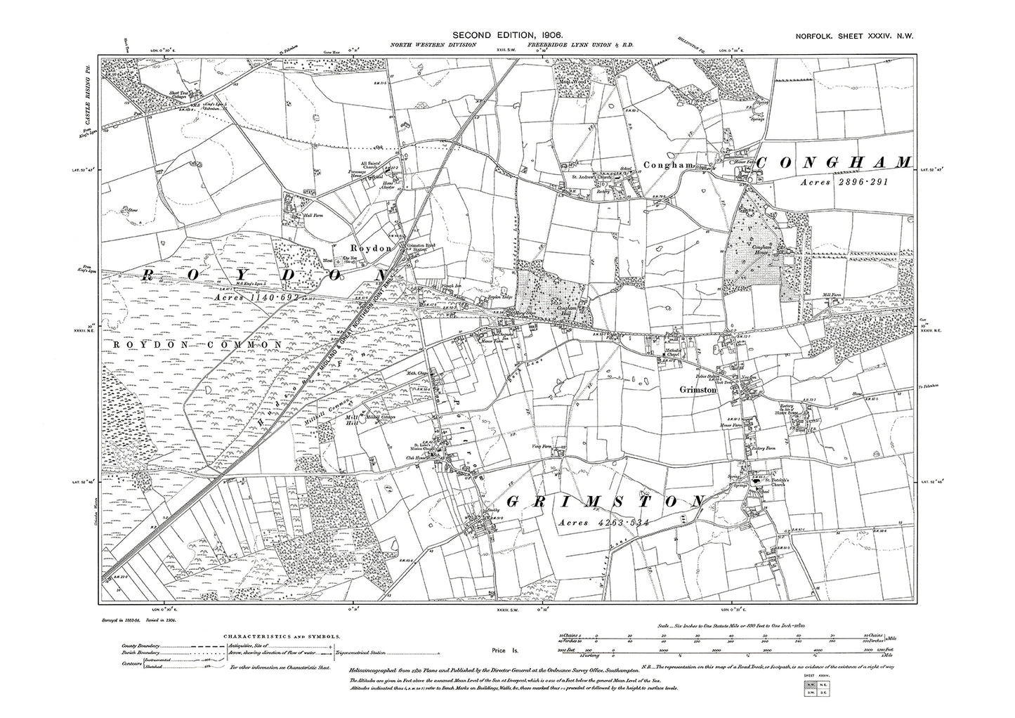 Congham, Grimston, Roydon, Norfolk in 1906: 34NW