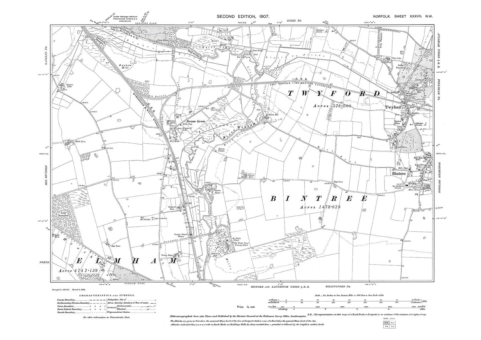 Twyford, Bintree, Broom Green, Norfolk in 1907: 37NW – Old Map Downloads