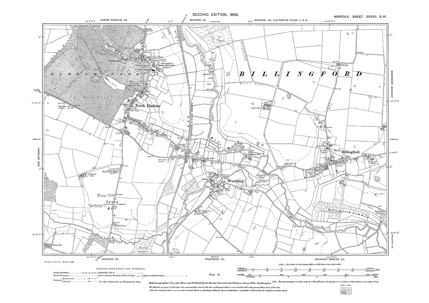 Billingford, North Elmham, Worthing, Norfolk in 1906: 37SW