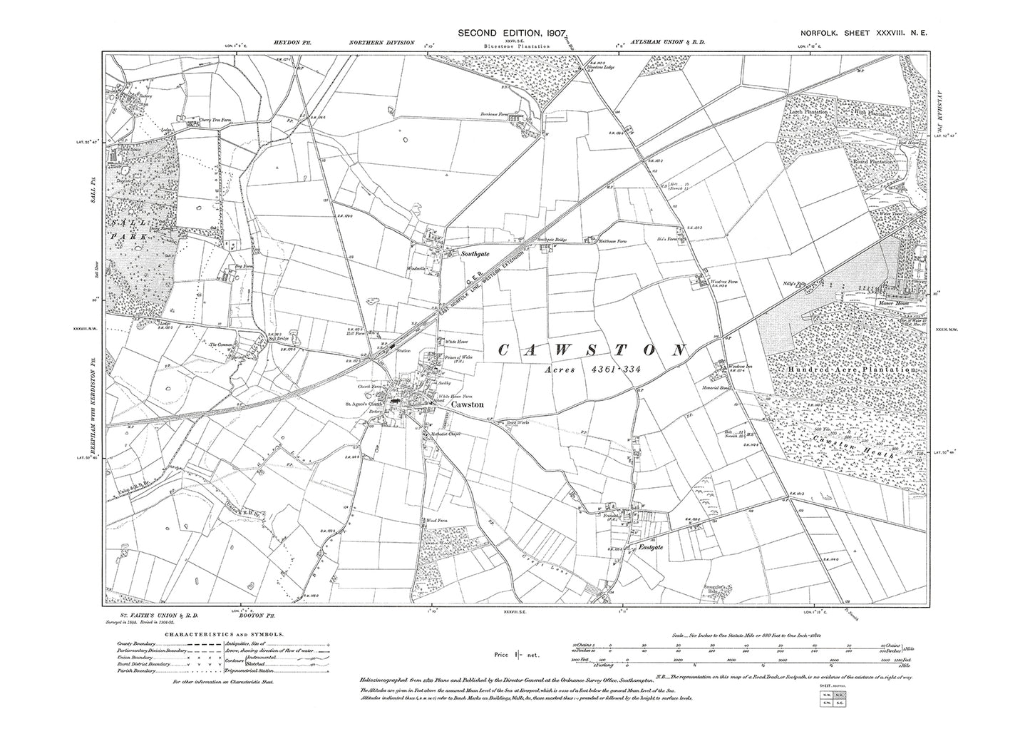 Cawston, Norfolk in 1907: 38NE