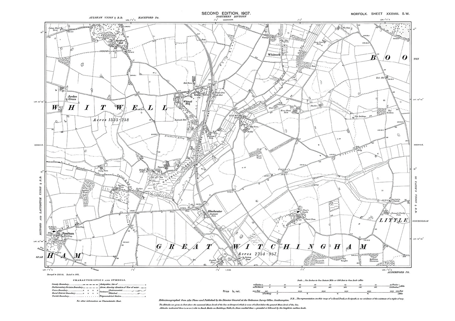 Whitwell, Sparham, Norfolk in 1907: 38SW