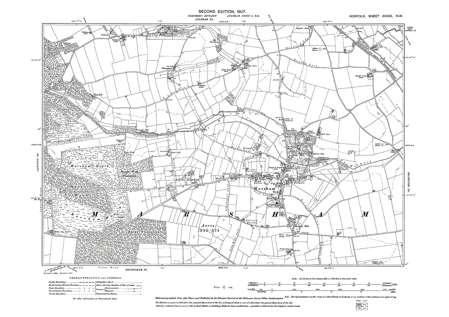 Marsham, Norfolk in 1907: 39NW