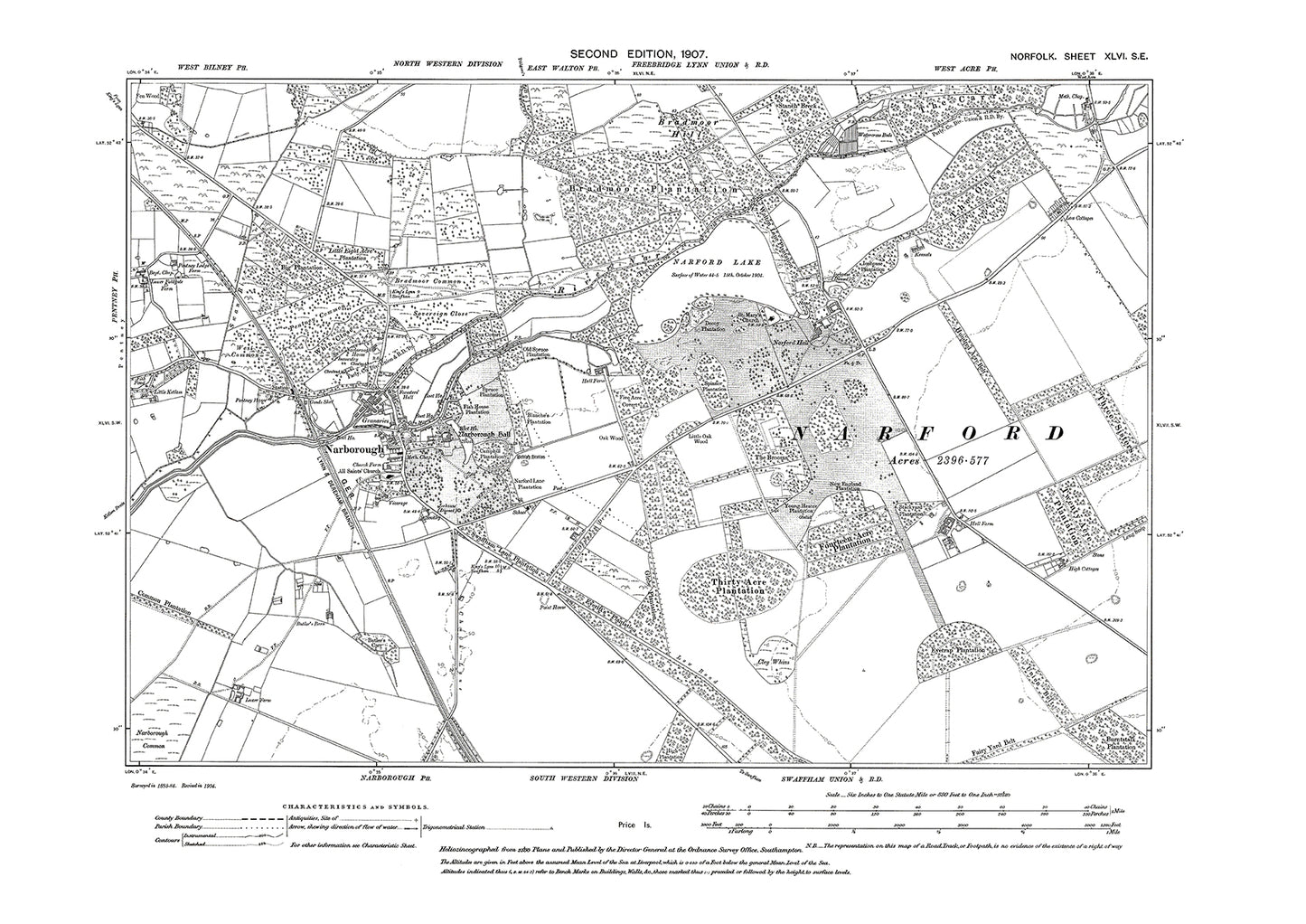 Narborough, Narford Lake, Norfolk in 1907: 46SE