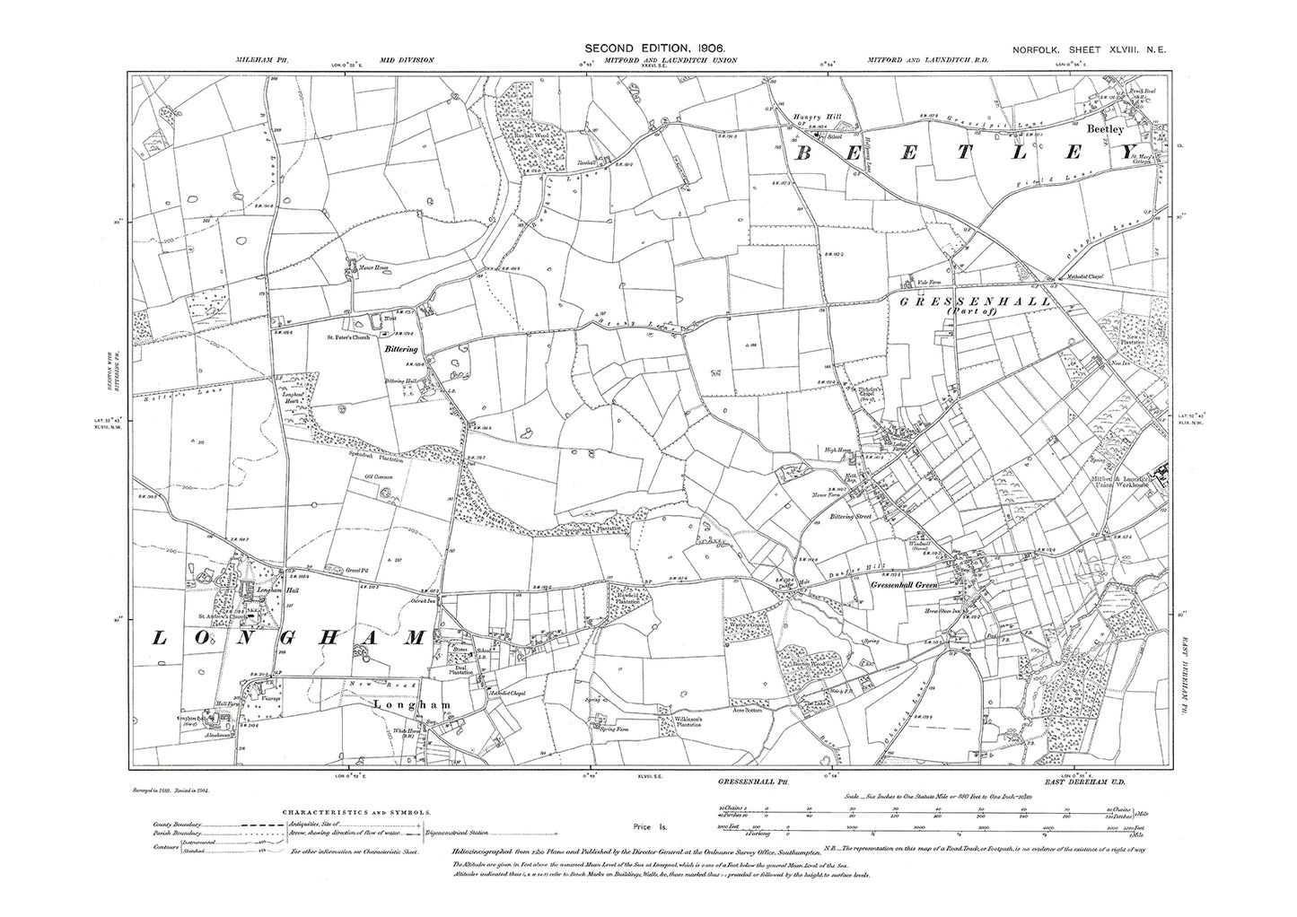 Beetley, Gressenhall Green, Longham, Norfolk in 1906: 48NE