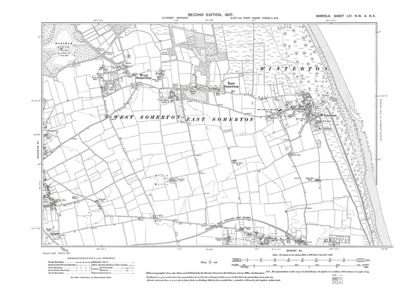 Winterton, West Somerton, Martham, Hemsby, Norfolk in 1907: 54NW