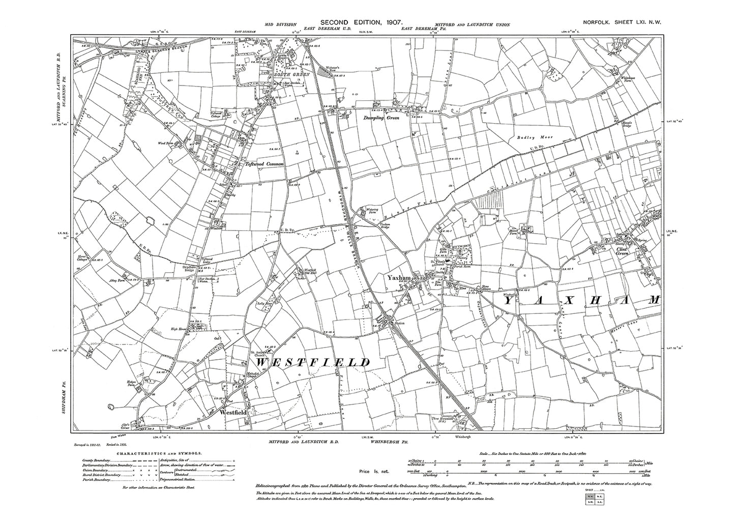 East Dereham, Yaxham, Westfield, Norfolk in 1907: 61NW