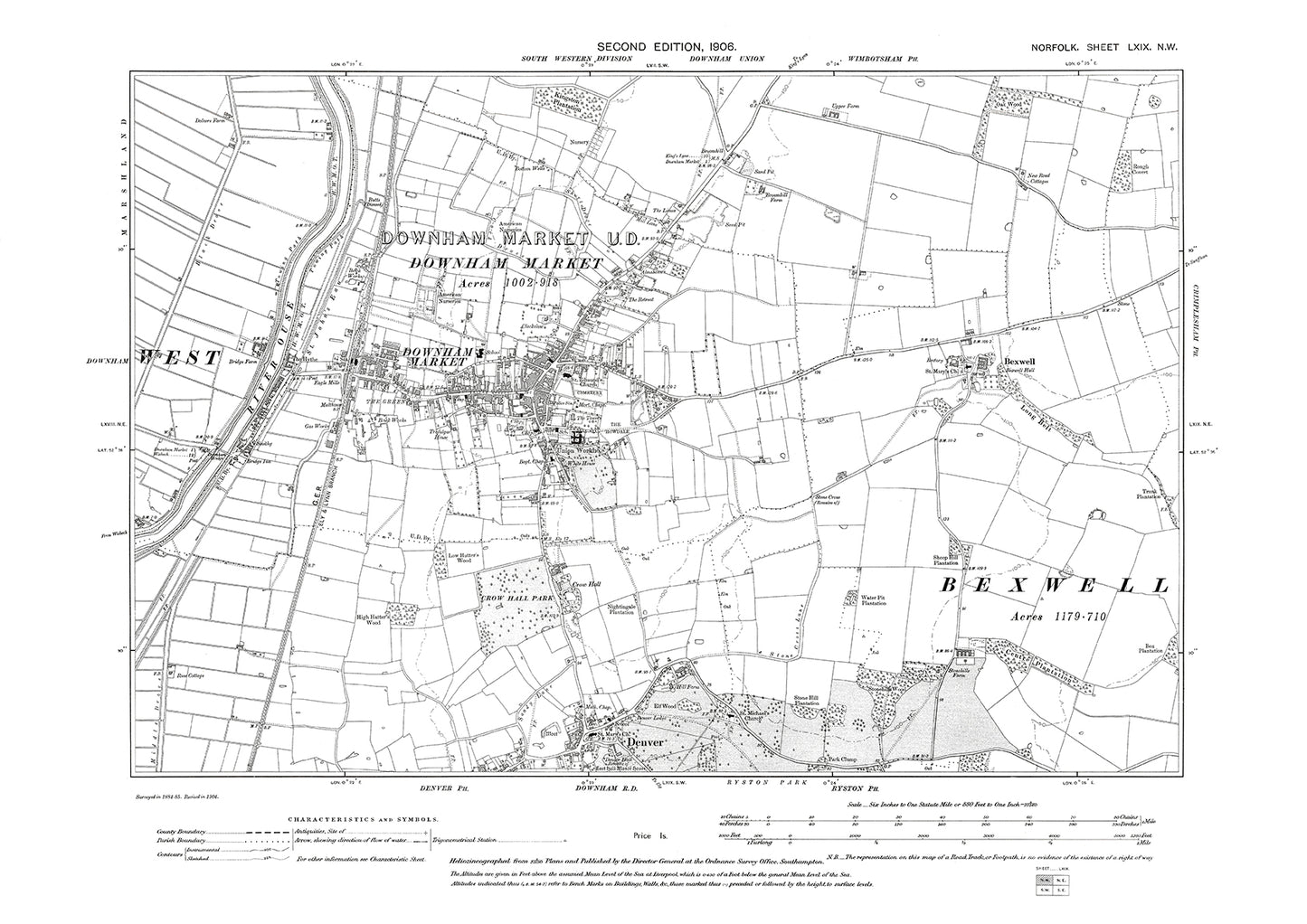 Downham Market, Denver, Bexwell, Norfolk in 1906: 69NW