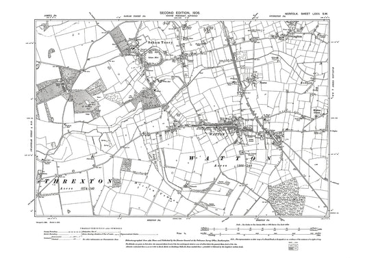 Watton, Saham Toney, Ovington, Norfolk in 1906: 72SW