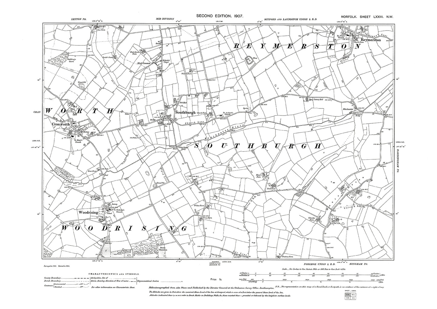 Cranworth, Reymerston, Southburgh, Woodrising, Norfolk in 1907: 73NW