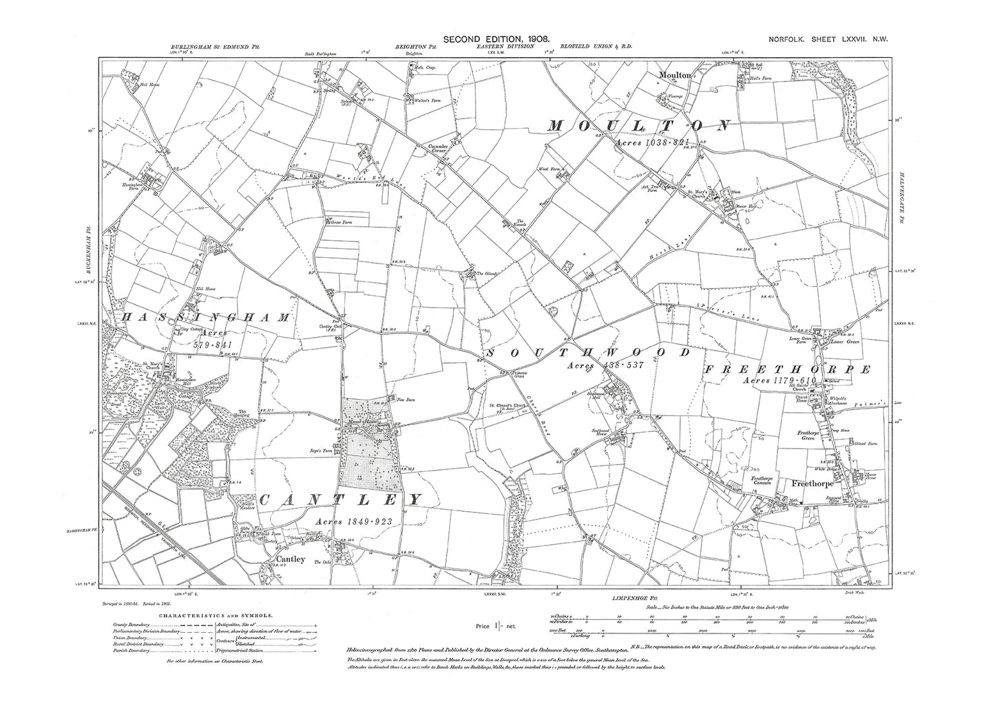 Cantley, Freethorpe, Moulton, Norfolk in 1908: 77NW