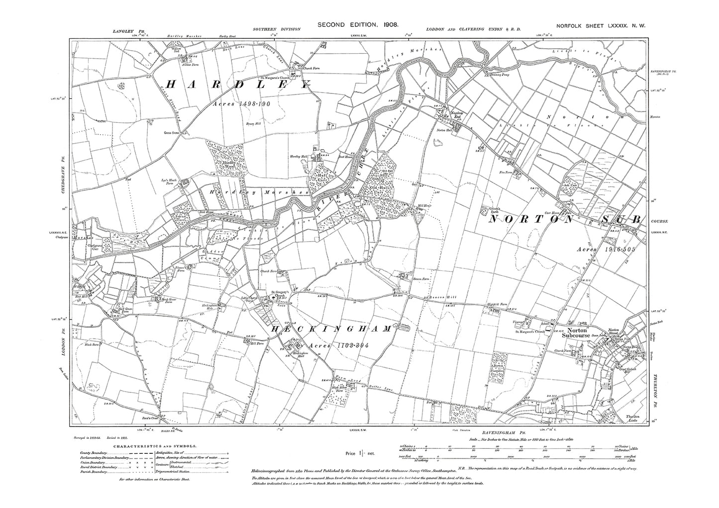 Norton Subcourse, Heckingham, Norfolk in 1908: 89NW