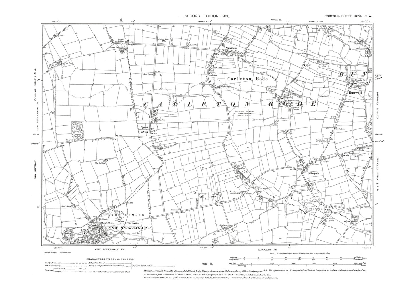 New Buckenham, Carleton Rode, Bunwell, Norfolk in 1906: 96NW