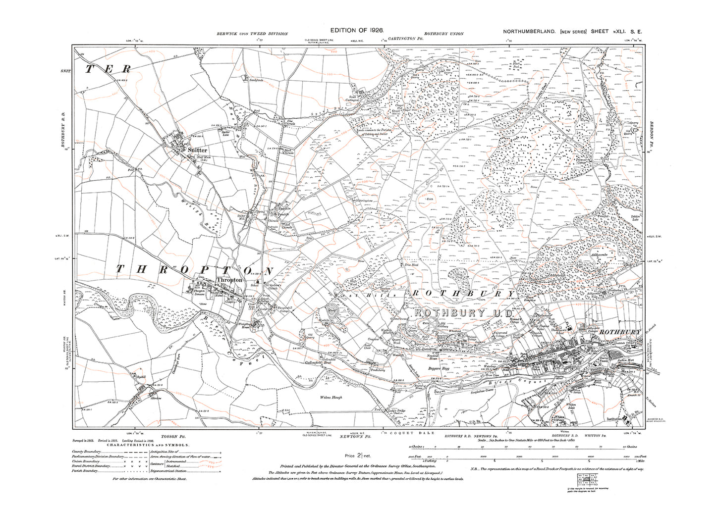 Rothbury, Snitter, Thropton, Northumberland in 1926: 41SE