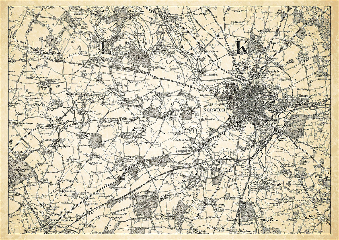 Norwich in 1898, showing the town and the surrounding area