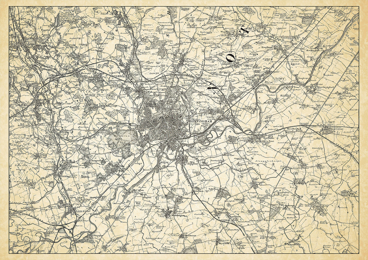 Nottingham in 1898, showing the town and the surrounding area