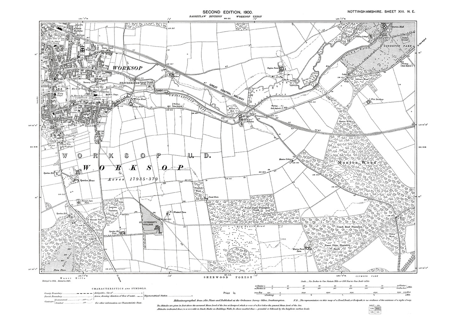 Worksop (southeast), old map Nottinghamshire 1900: 13NE