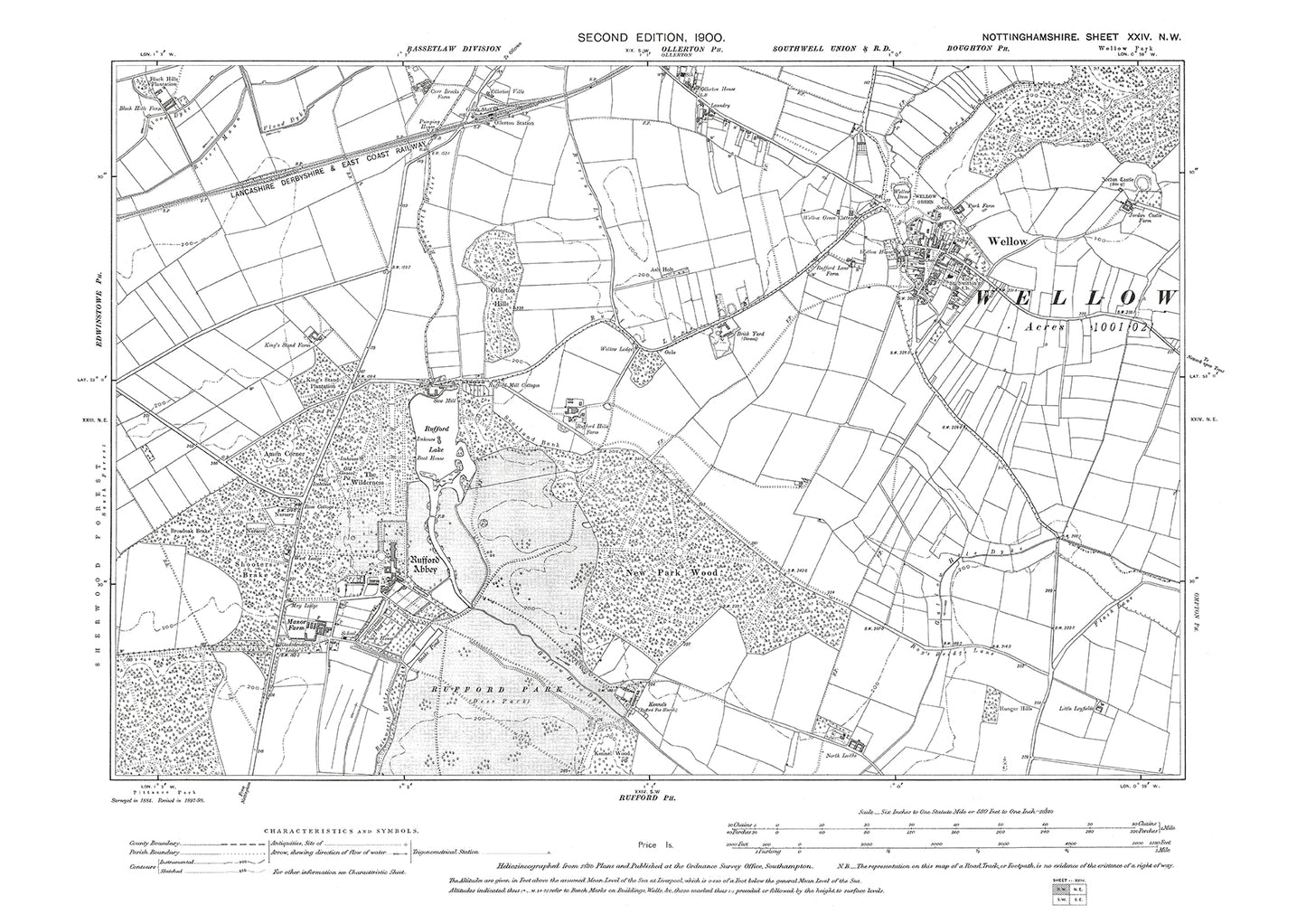 Wellow, Rufford Abbey, Ollerton (south), old map Nottinghamshire 1900: 24NW