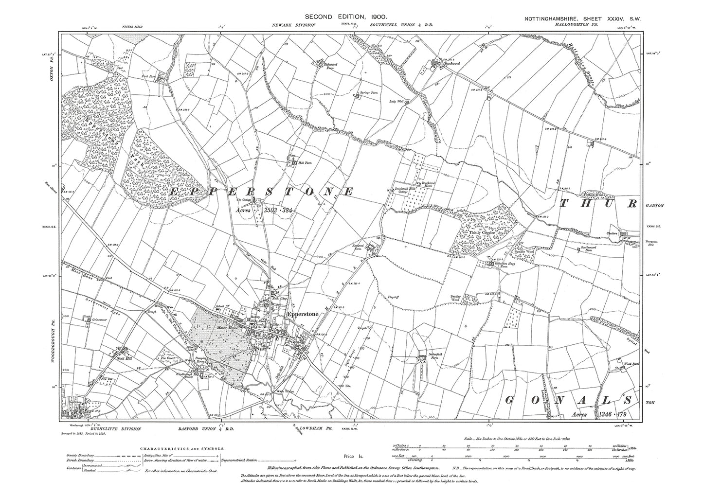 Epperstone, old map Nottinghamshire 1900: 34SW