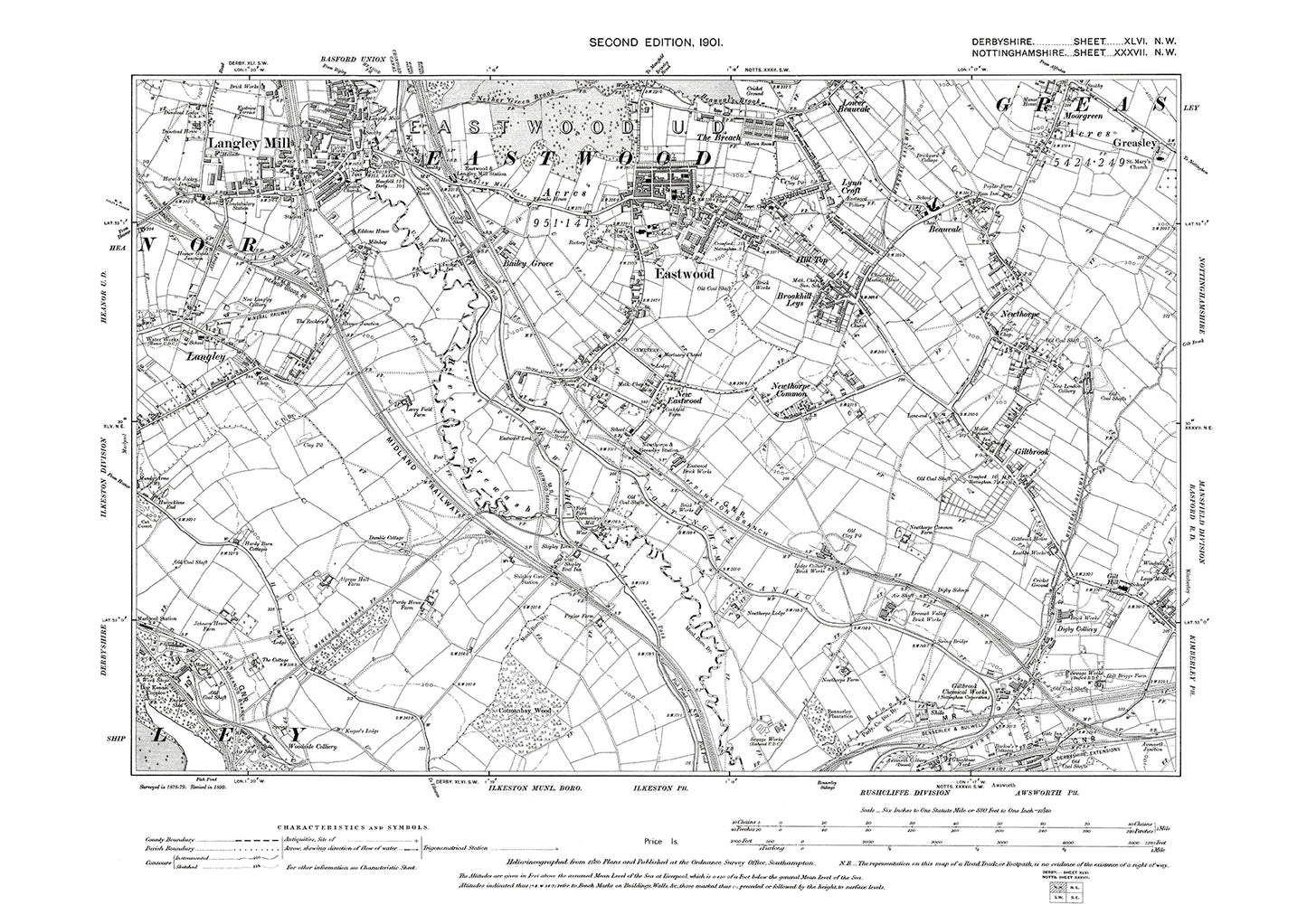 Eastwood, Langley Mill, old map Nottinghamshire 1901: 37NW