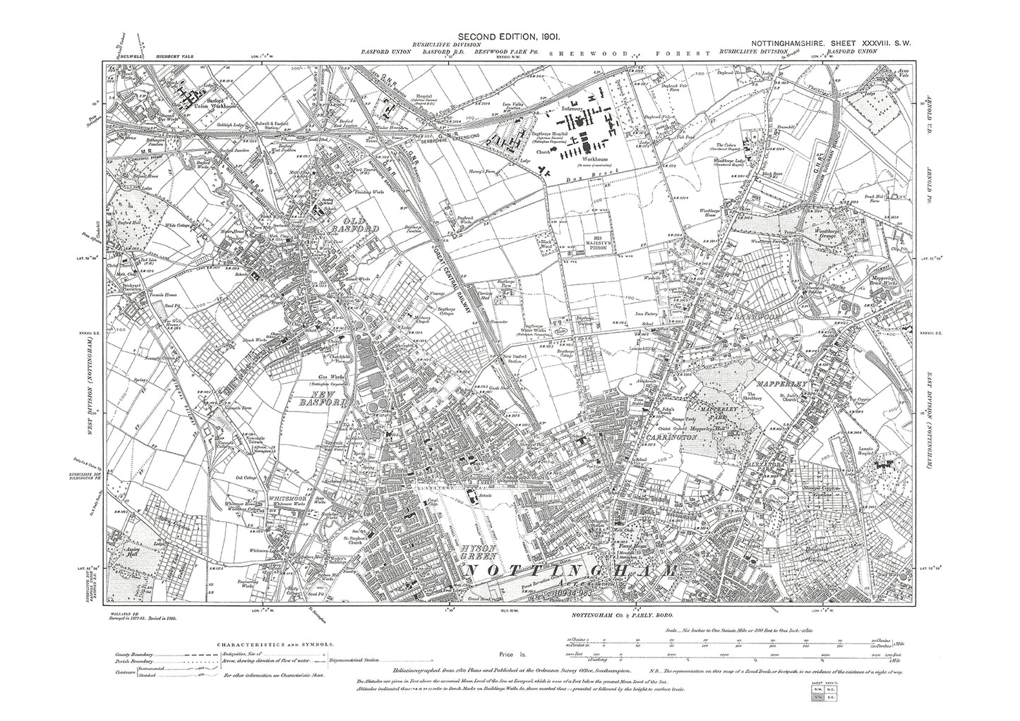 Nottingham (north), old map Nottinghamshire 1901: 38SW