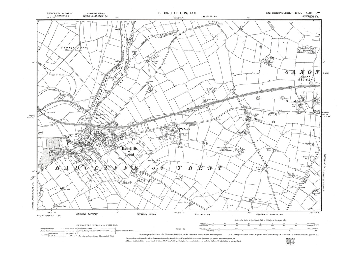 Radcliffe on Trent, Saxondale, Harlequin, old map Notts 1901: 43NW