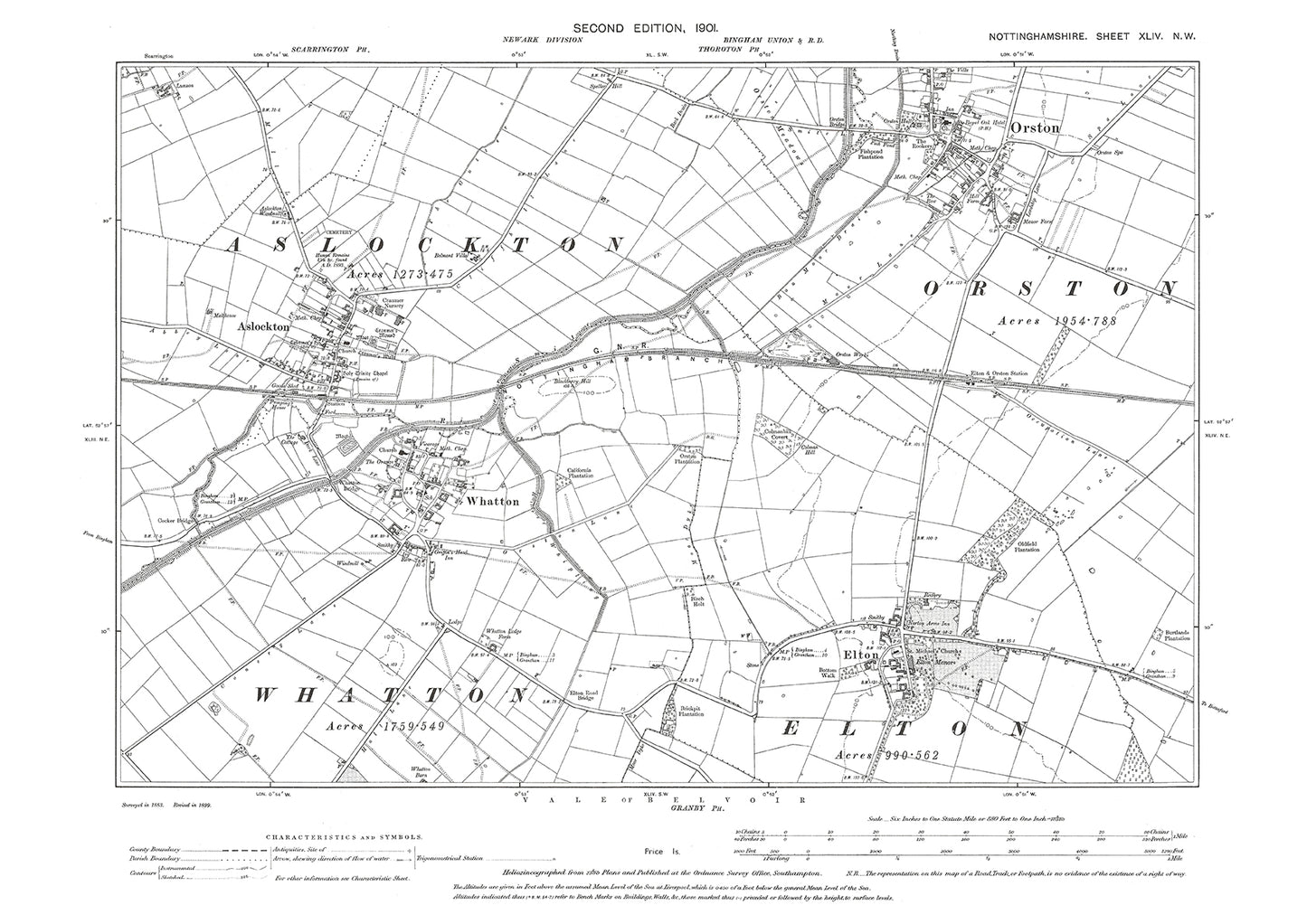 Elton, Whatton, Aslockton, old map Nottinghamshire 1901: 44NW