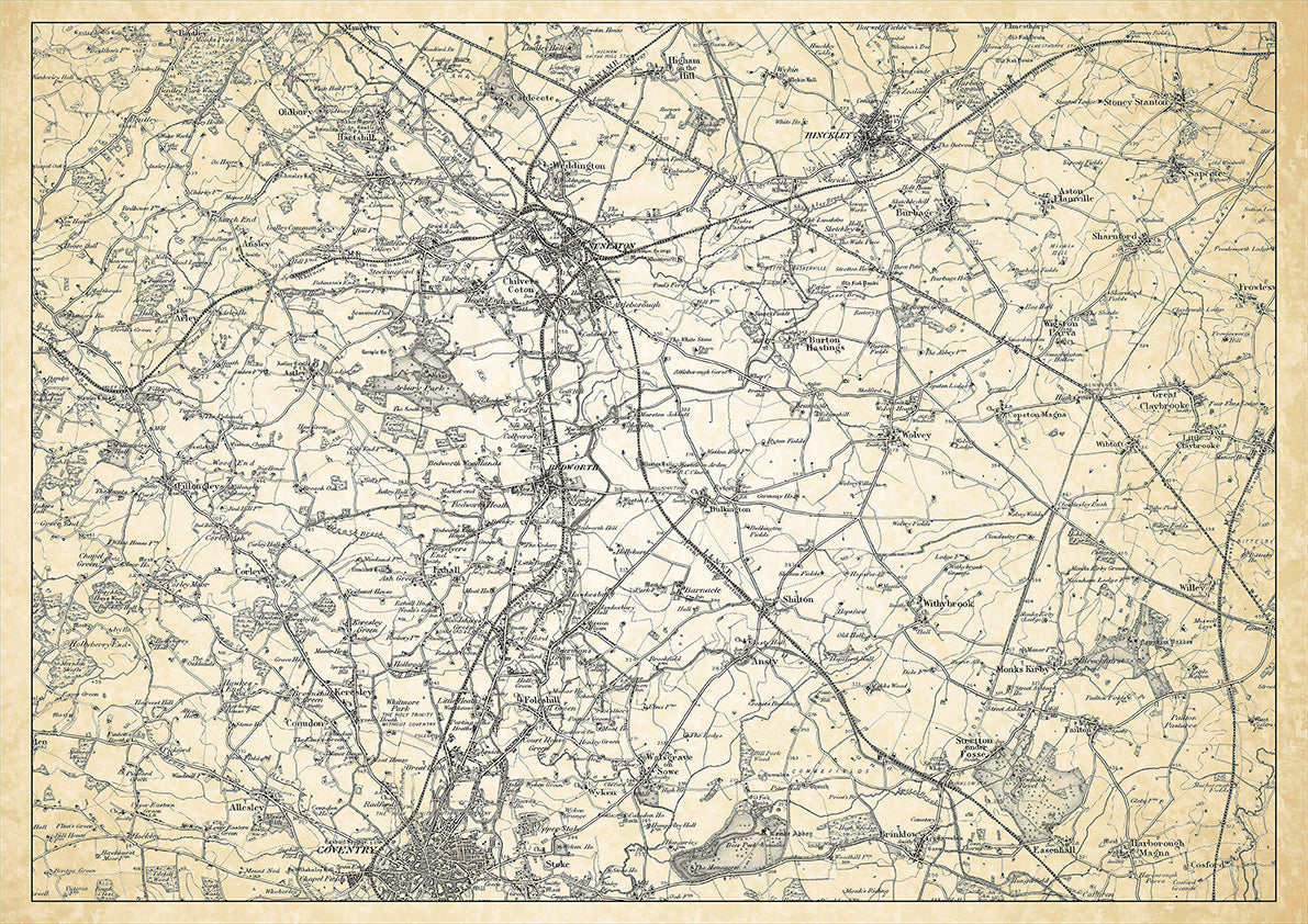 Nuneaton in 1898, showing the town and the surrounding area