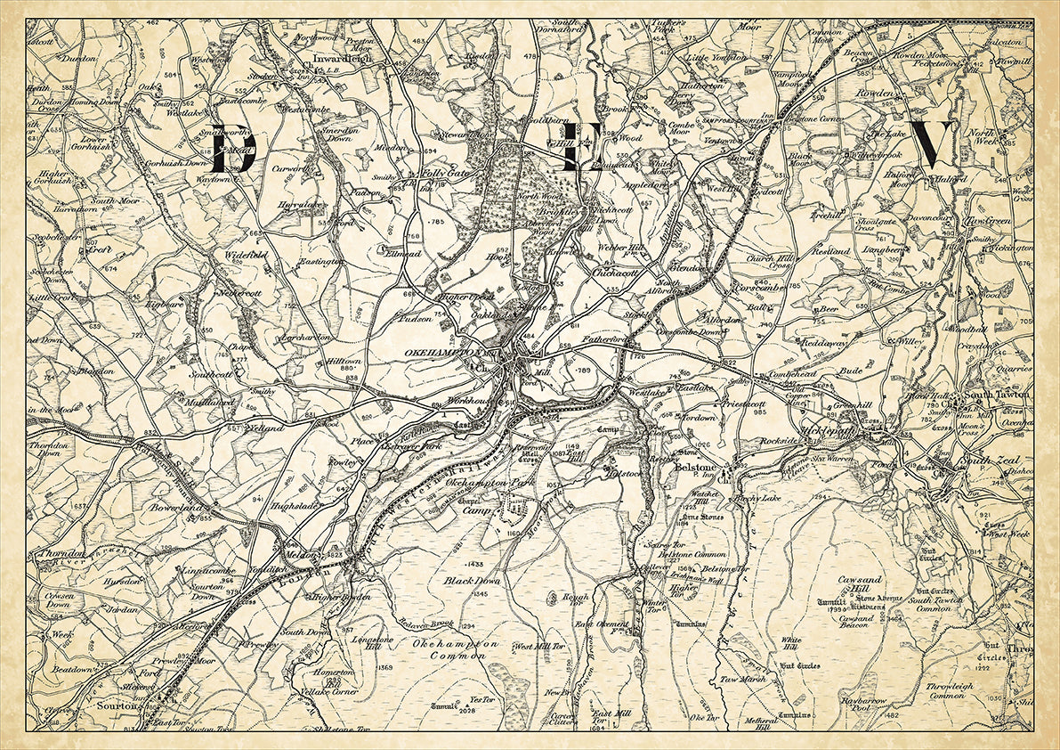 Oakhampton in 1898, showing the town and the surrounding area