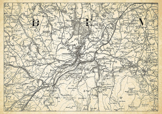 Oakhampton in 1898, showing the town and the surrounding area