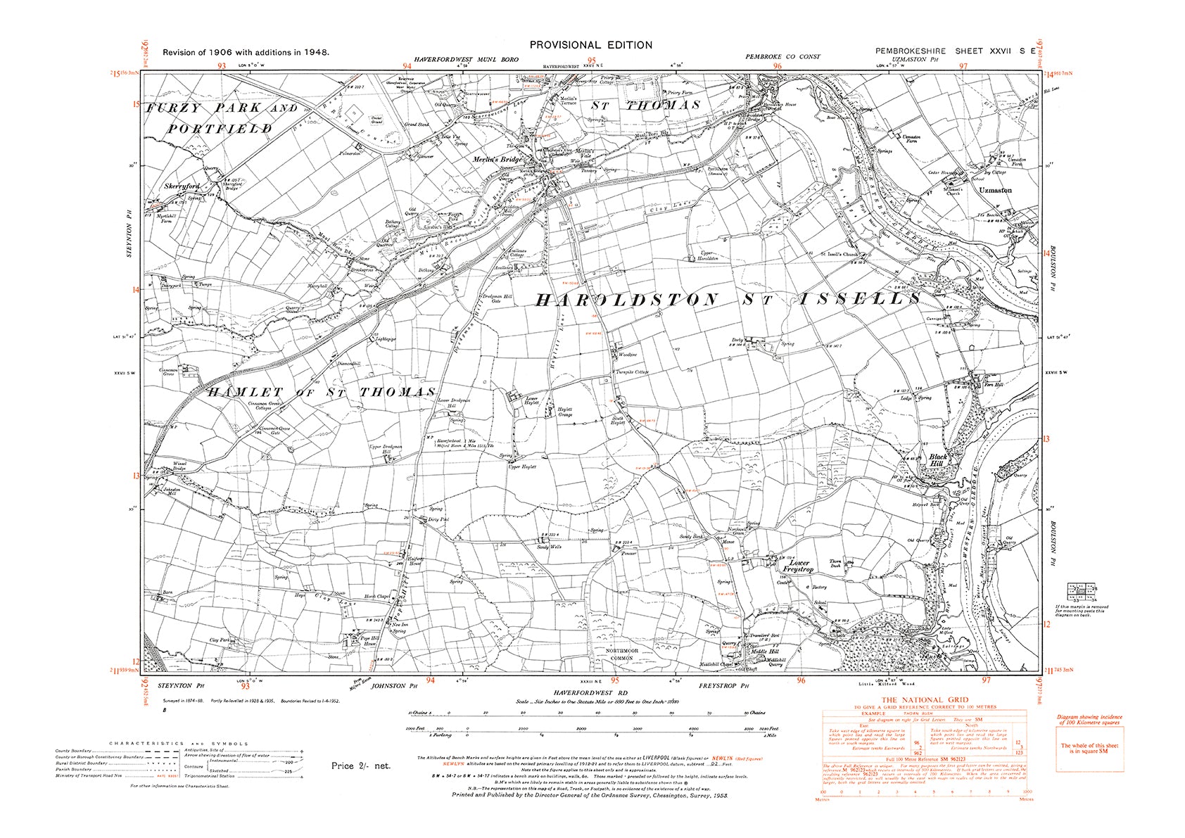 Merlin's Bridge, Uzmaston, Lower Freystrop, old map Pembroke 1948: 27S ...