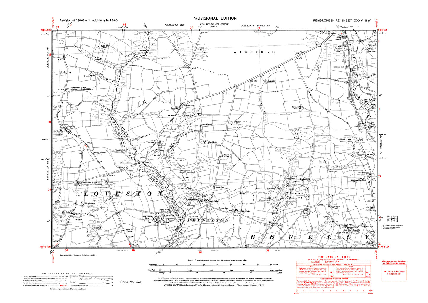Loveston, Reynalton, Thomas Chapel, old map Pembroke 1948: 35NW