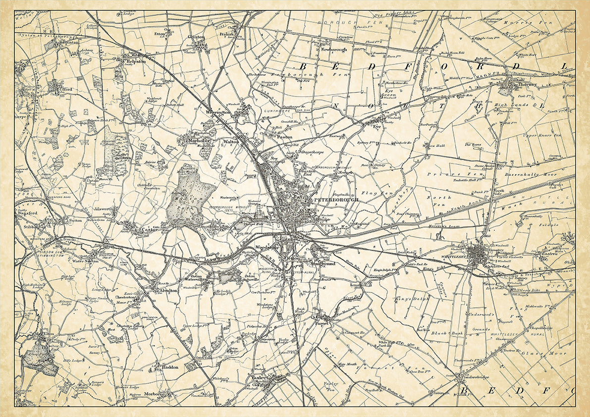 Peterborough in 1898, showing the town and the surrounding area