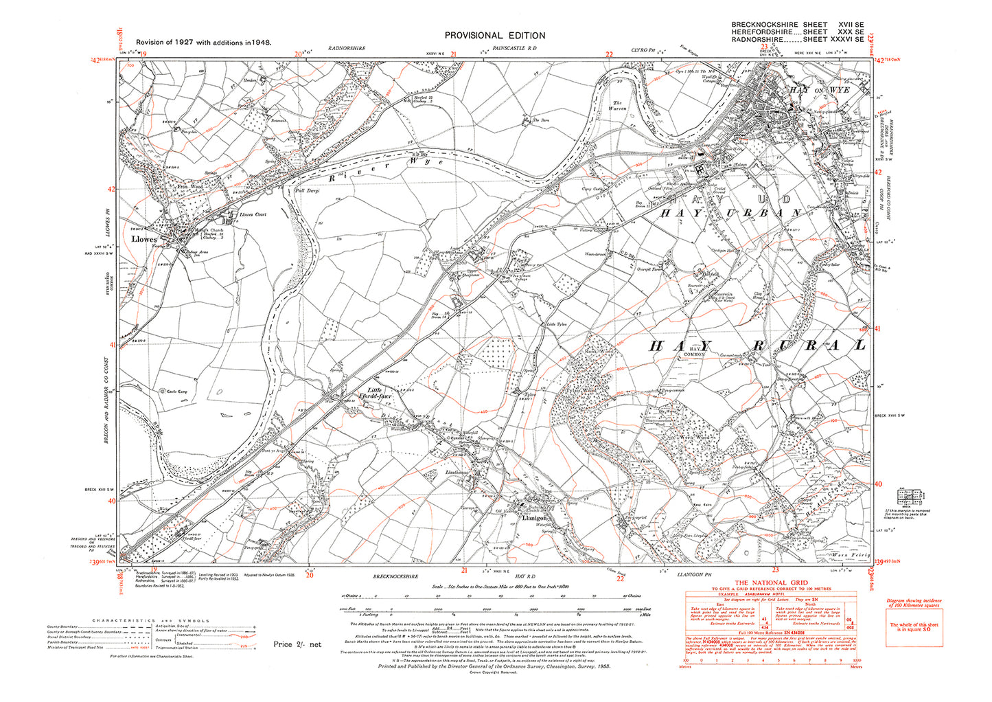 Llowes, old map Radnor 1948: 36SE