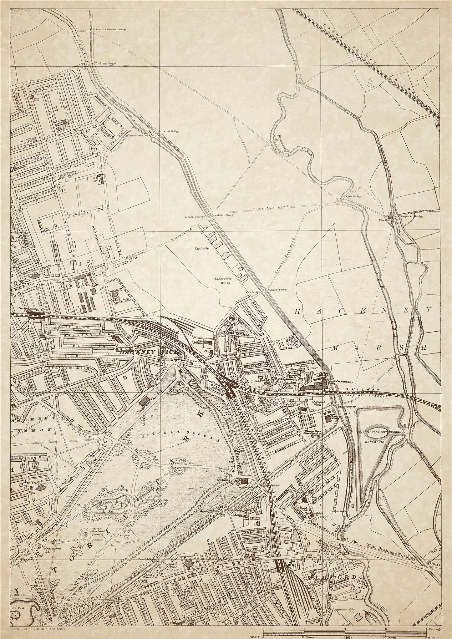 London in 1888 Series - showing Hackney Marsh, Hackney Wick, Oldford - sheet 10