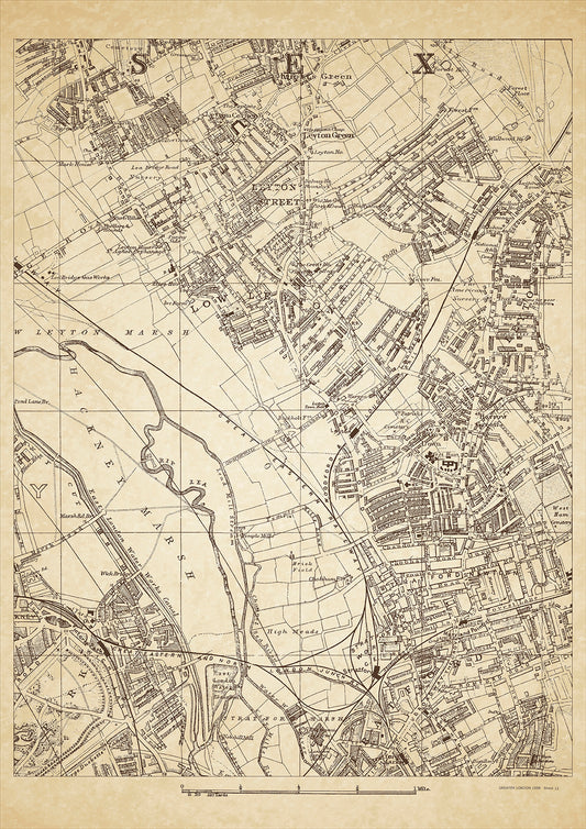 Greater London in 1888 Series - showing Leyton, Stratford (north), Leyton Green, Low Leyton, Leyton Street, Leytonstone, Harrow Green, Hackney Marsh  - sheet 12