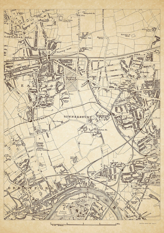 Greater London in 1888 Series - showing Ealing, Acton, Brentford, Castlebar Hill, Gunnersbury, Chiswick, Kew (north)  - sheet 14