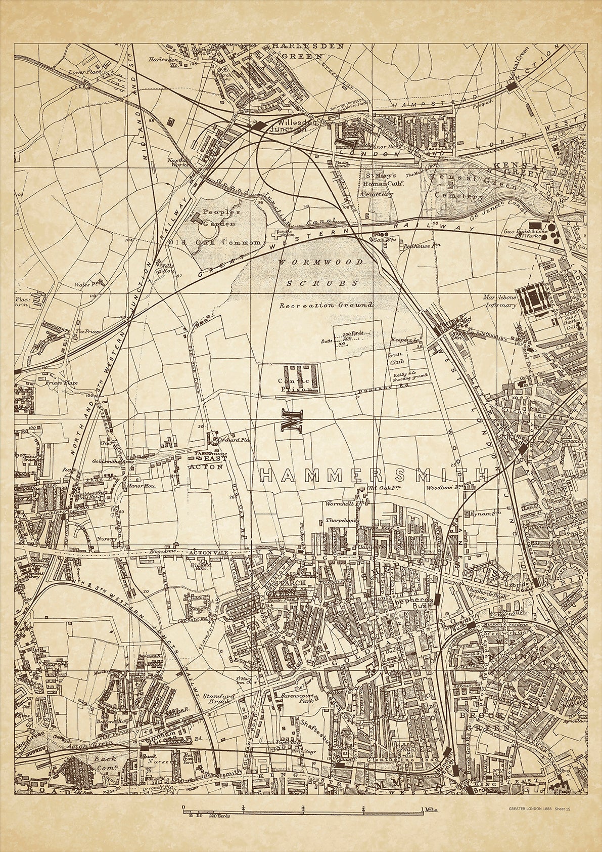 Greater London in 1888 Series - showing Shepherds Bush, Wormwood Scrubs, Harlesden Green (south), Willesden Junction, Kensal Green (west), Acton Vale, East Acton, Starch Green, West Kensington, Brook Green  - sheet 15
