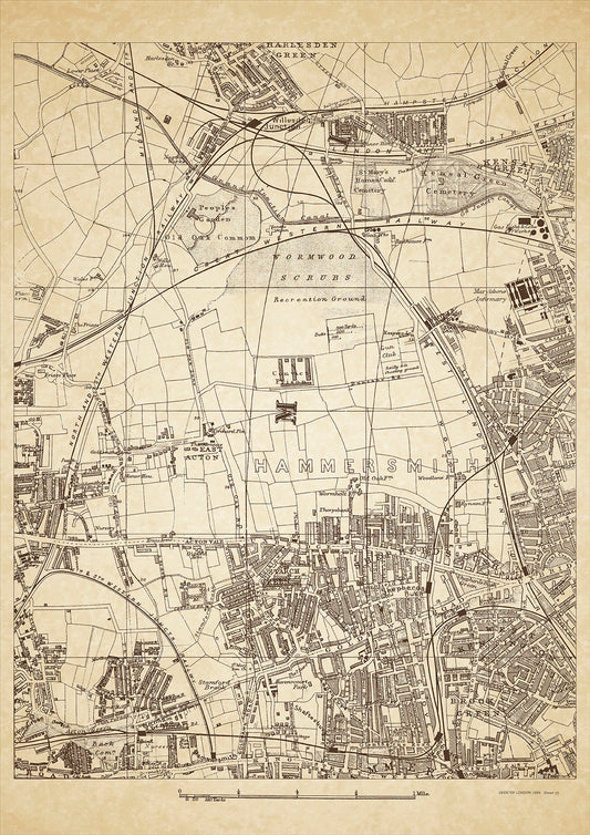 Greater London in 1888 Series - showing Shepherds Bush, Wormwood Scrubs, Harlesden Green (south), Willesden Junction, Kensal Green (west), Acton Vale, East Acton, Starch Green, West Kensington, Brook Green  - sheet 15