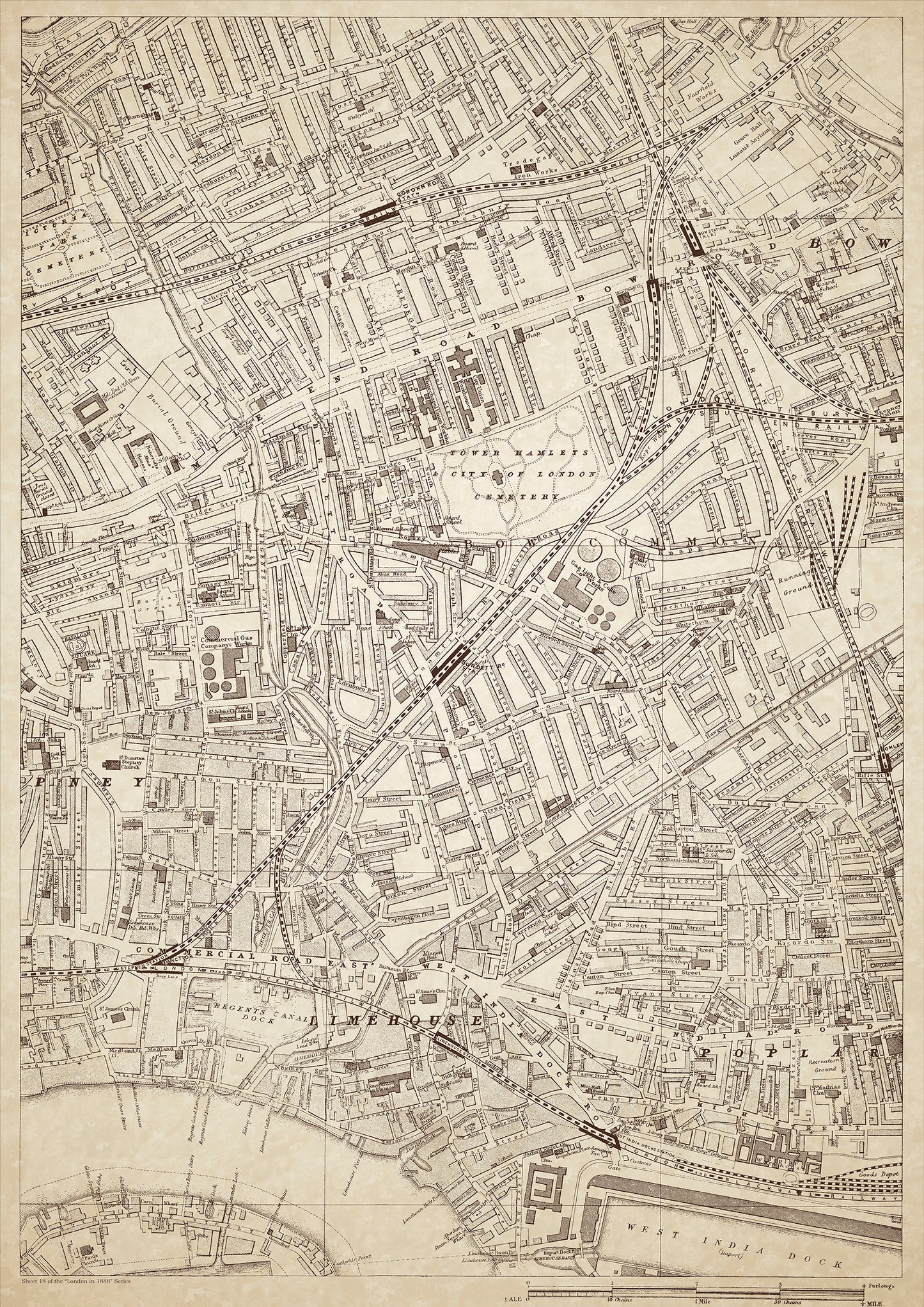 London in 1888 Series - showing Mile End Road, Limehouse, Poplar, Stepney (east) - sheet 18